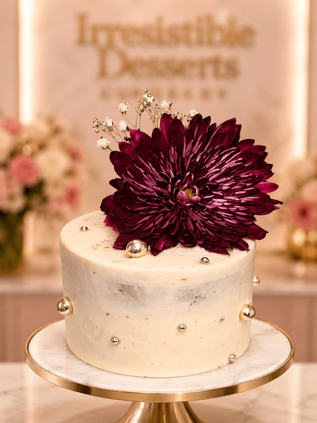 Custom Burgundy Chrysanthemum Pearl Cake by Irresistible Desserts
