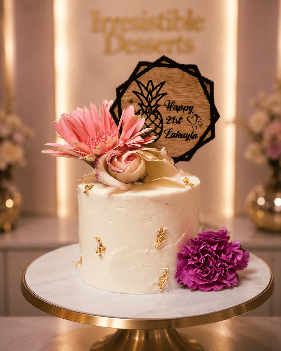 Modern Floral Elegance: Happy 21st Cake by Irresistible Desserts