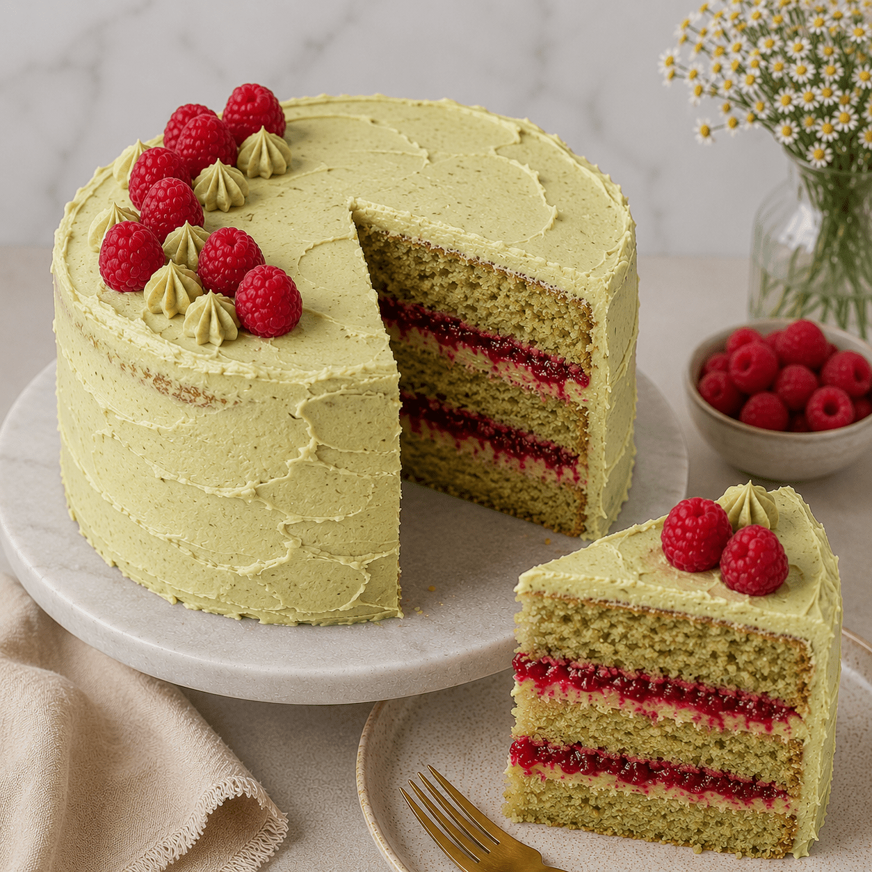 Pistachio Cake with Raspberry Filling